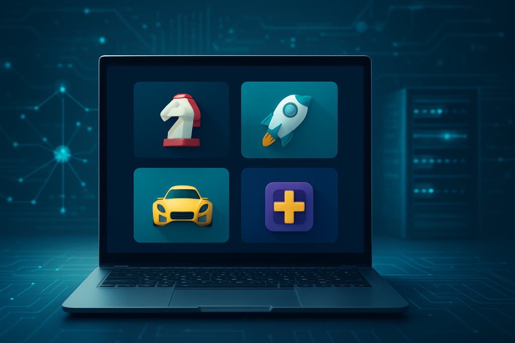 Close-up of a laptop screen displaying various gaming icons such as a chess piece, a rocket, a sports car, and a plus sy
