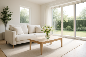 A clean and bright living room with a sofa, a coffee table, and flowers in a vase, showcasing a well-maintained home.